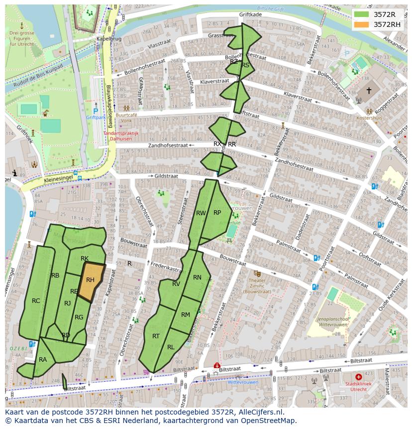 Afbeelding van het postcodegebied 3572 RH op de kaart.