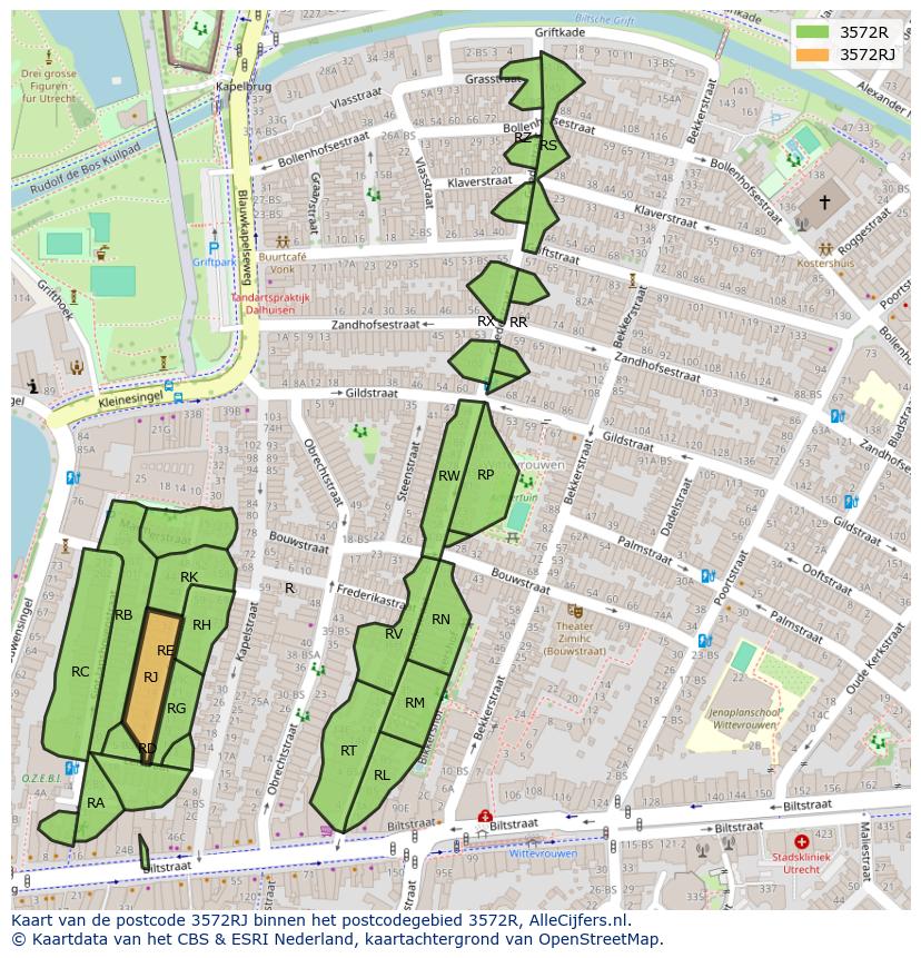 Afbeelding van het postcodegebied 3572 RJ op de kaart.