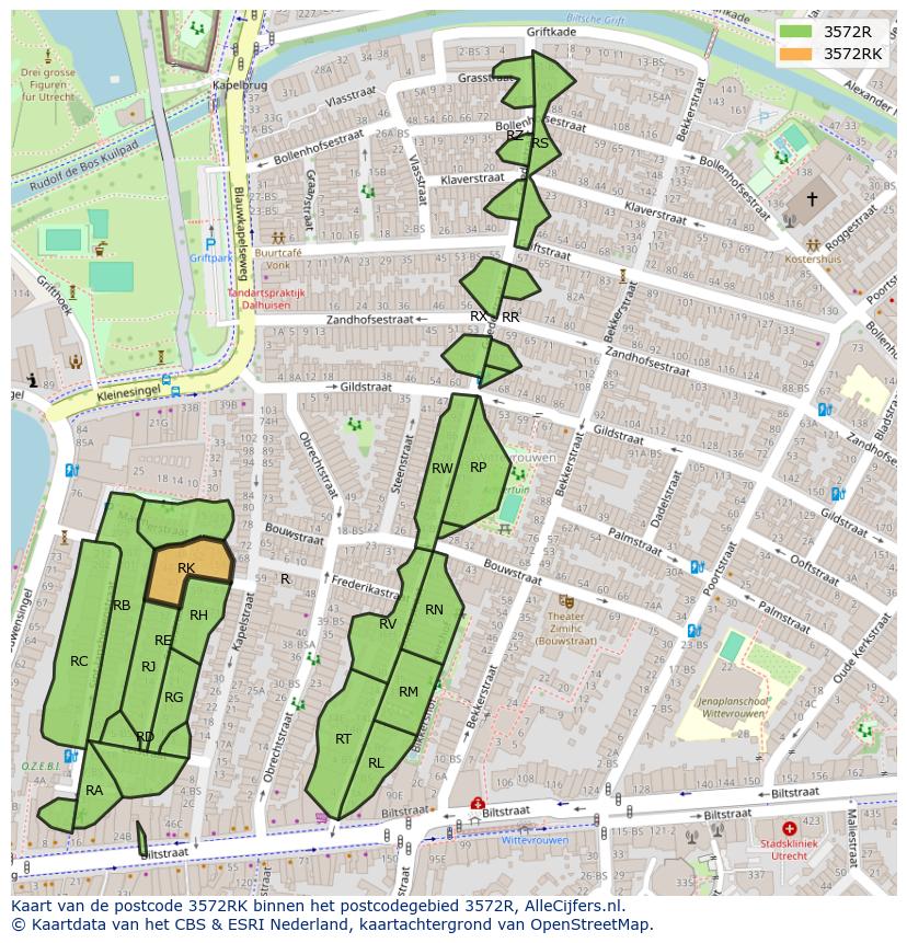 Afbeelding van het postcodegebied 3572 RK op de kaart.