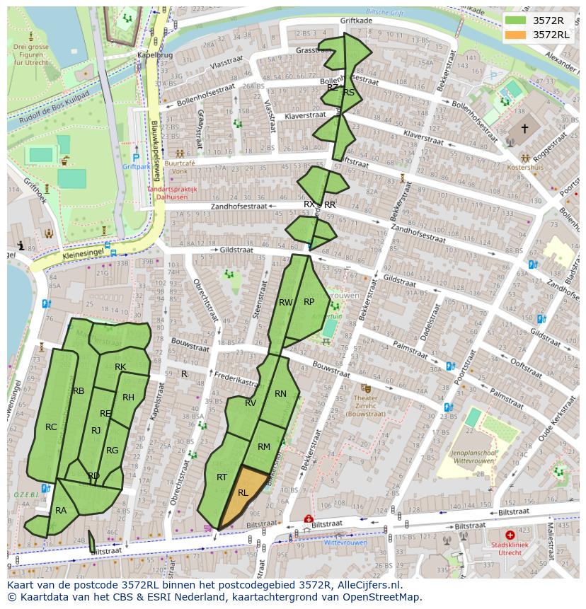 Afbeelding van het postcodegebied 3572 RL op de kaart.