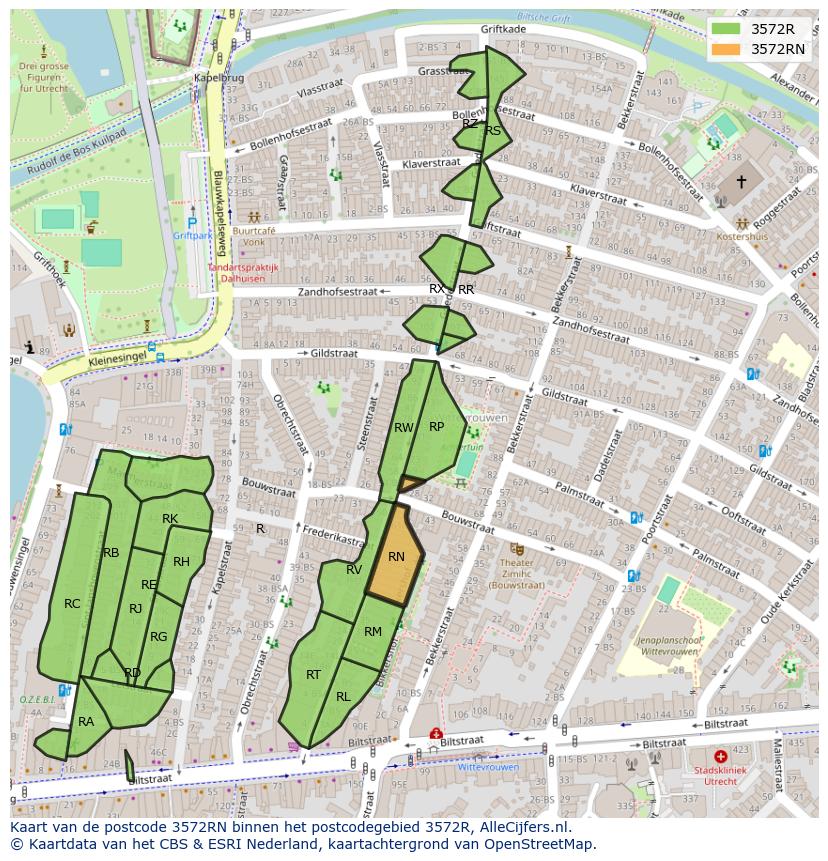 Afbeelding van het postcodegebied 3572 RN op de kaart.