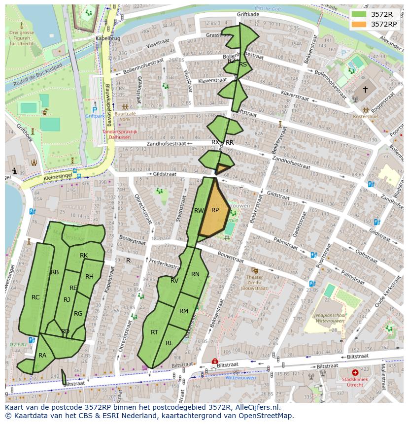 Afbeelding van het postcodegebied 3572 RP op de kaart.