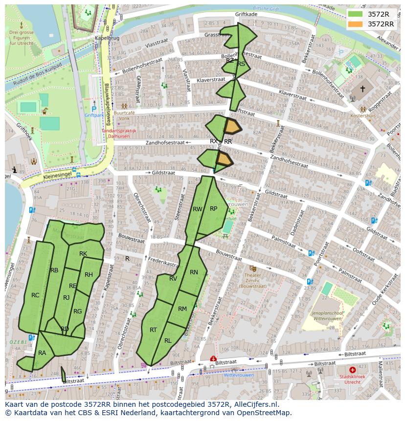 Afbeelding van het postcodegebied 3572 RR op de kaart.