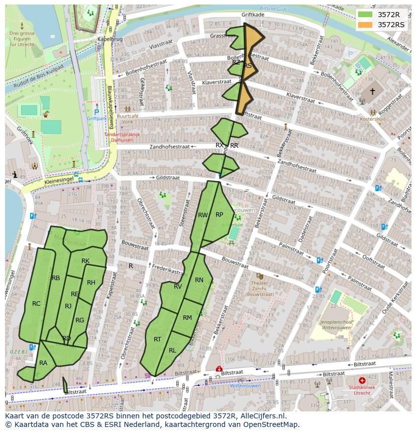 Afbeelding van het postcodegebied 3572 RS op de kaart.