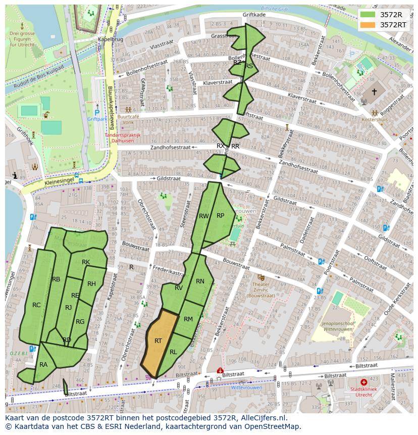 Afbeelding van het postcodegebied 3572 RT op de kaart.