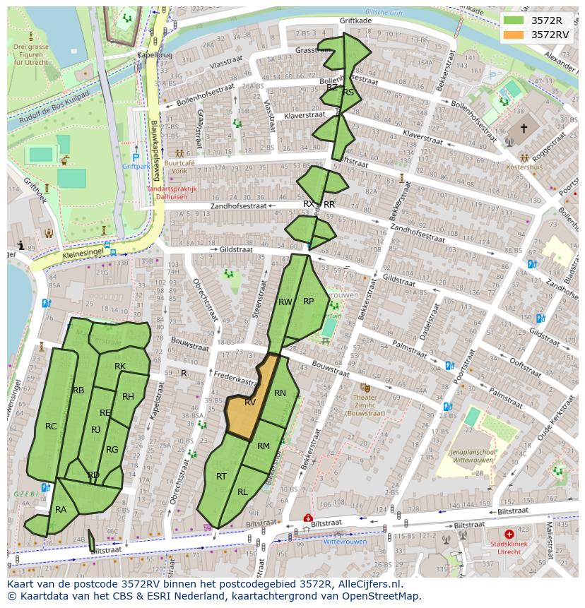 Afbeelding van het postcodegebied 3572 RV op de kaart.