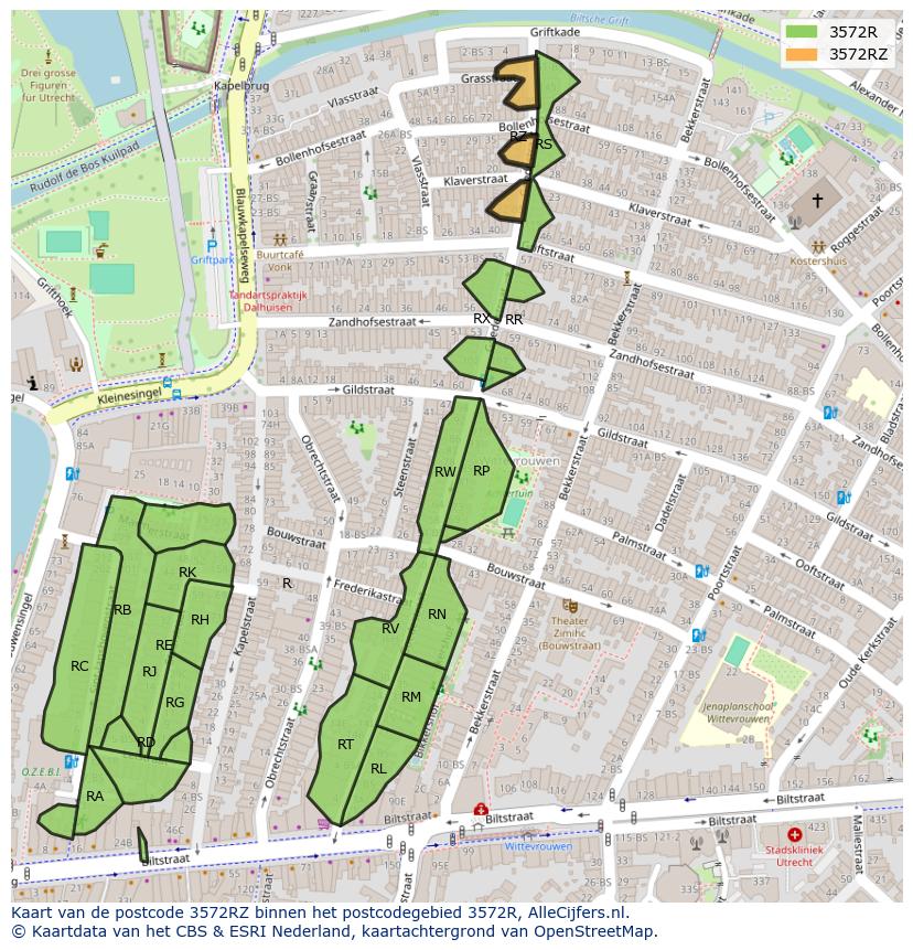 Afbeelding van het postcodegebied 3572 RZ op de kaart.