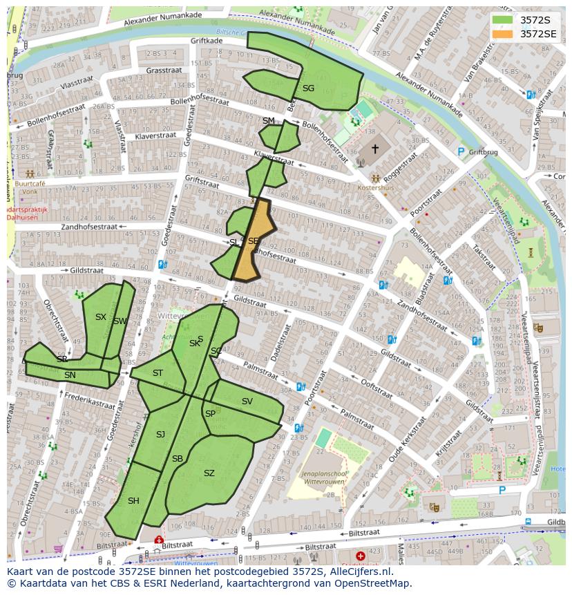 Afbeelding van het postcodegebied 3572 SE op de kaart.