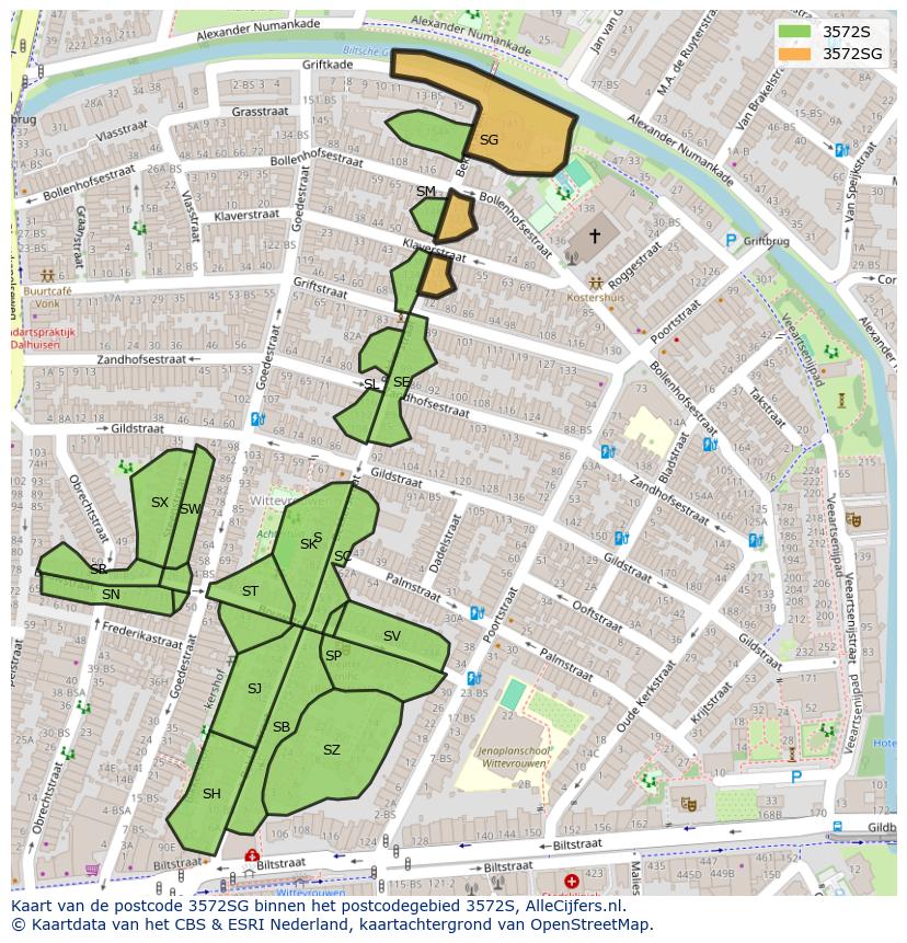 Afbeelding van het postcodegebied 3572 SG op de kaart.