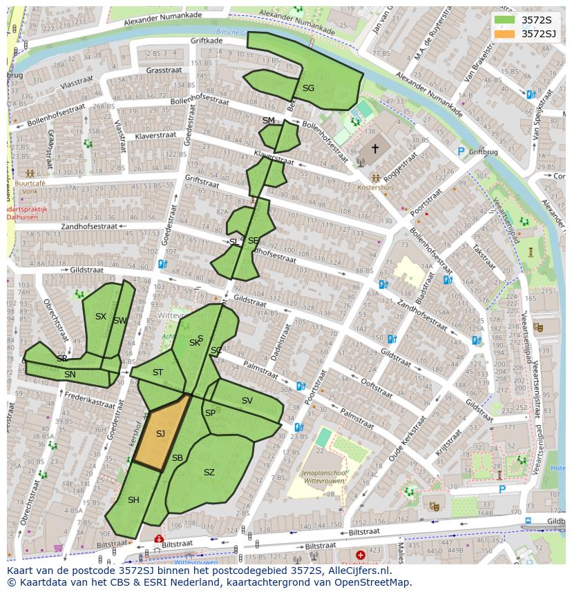 Afbeelding van het postcodegebied 3572 SJ op de kaart.