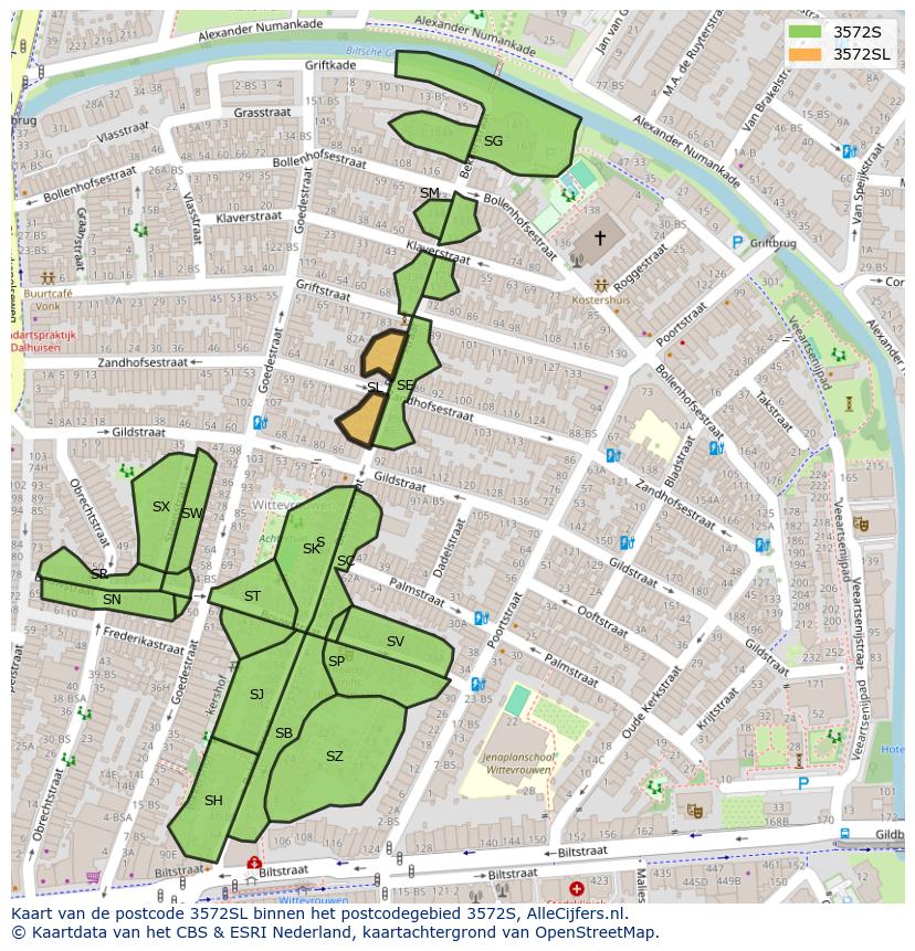 Afbeelding van het postcodegebied 3572 SL op de kaart.