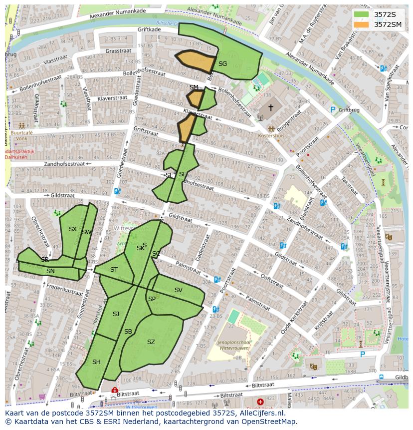 Afbeelding van het postcodegebied 3572 SM op de kaart.
