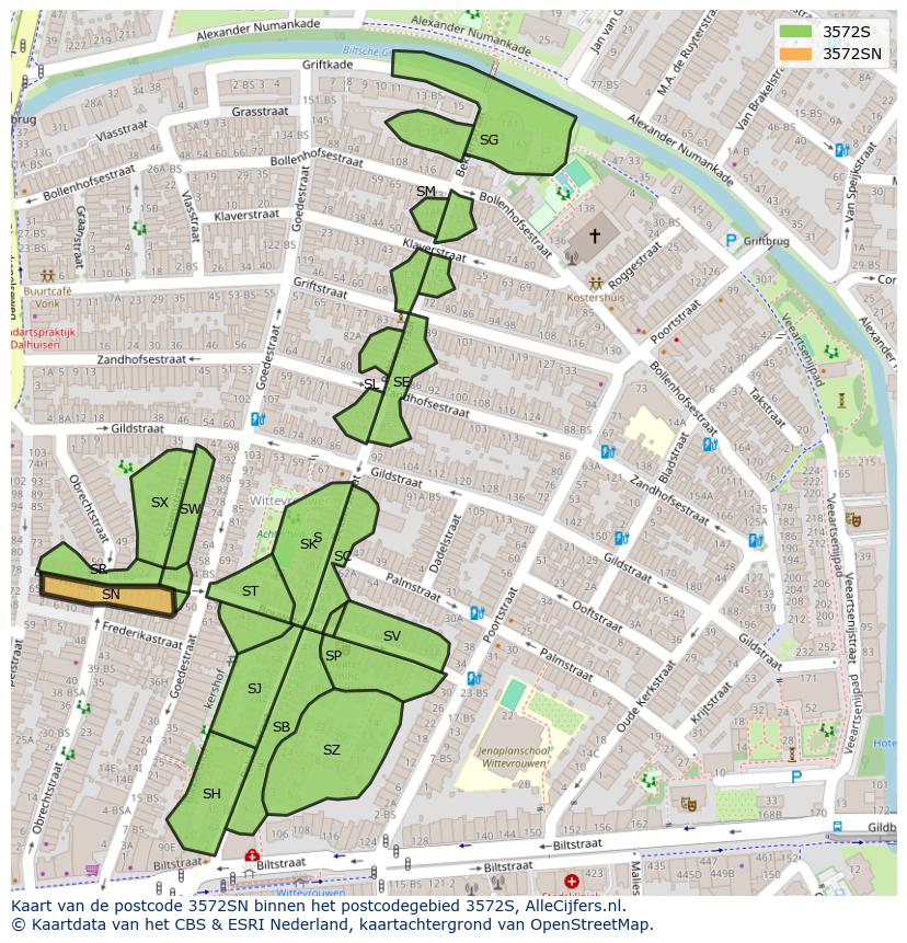 Afbeelding van het postcodegebied 3572 SN op de kaart.