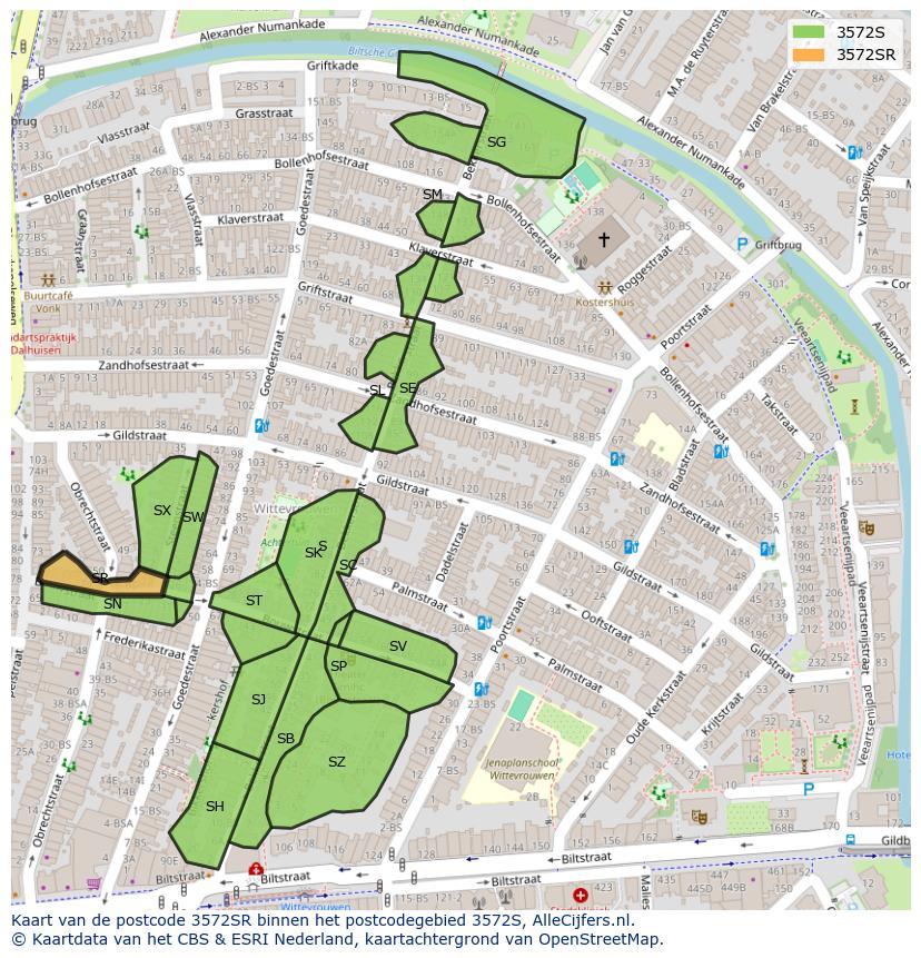 Afbeelding van het postcodegebied 3572 SR op de kaart.