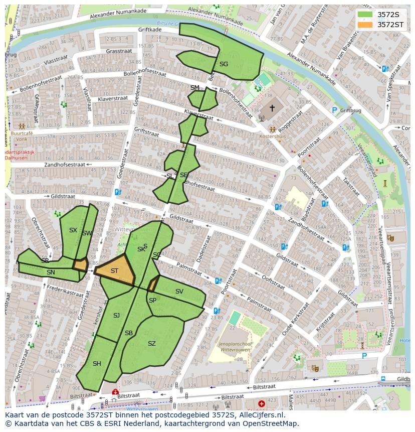 Afbeelding van het postcodegebied 3572 ST op de kaart.