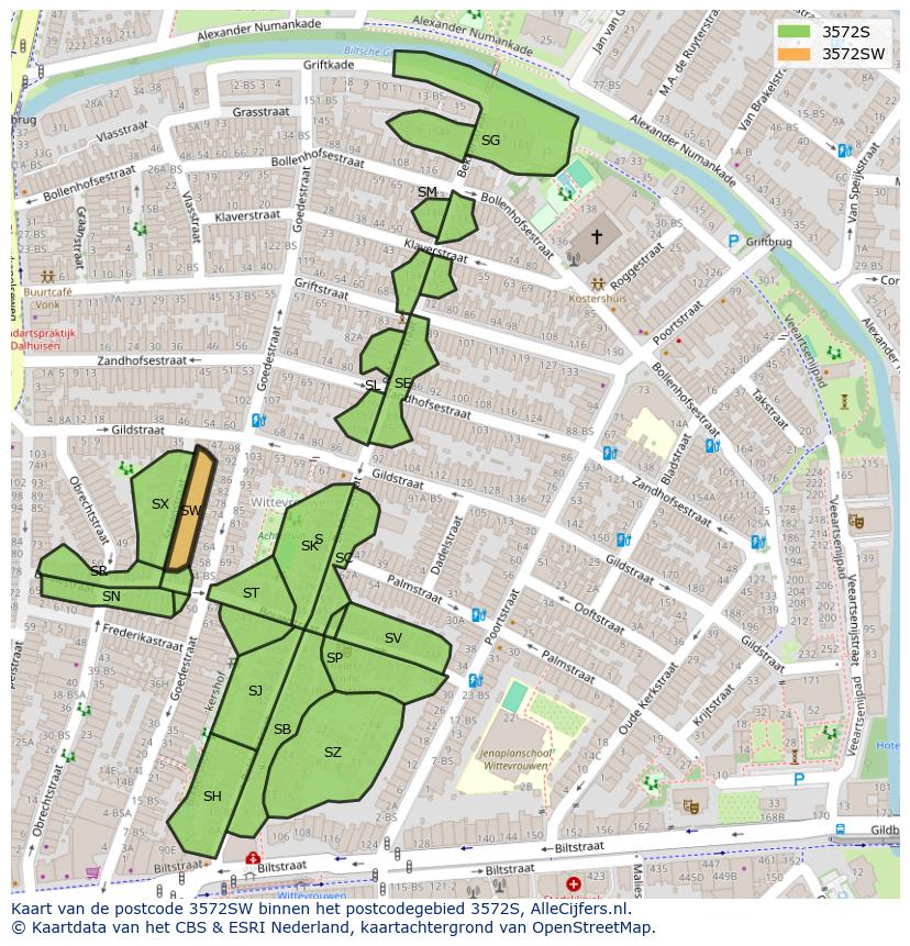 Afbeelding van het postcodegebied 3572 SW op de kaart.