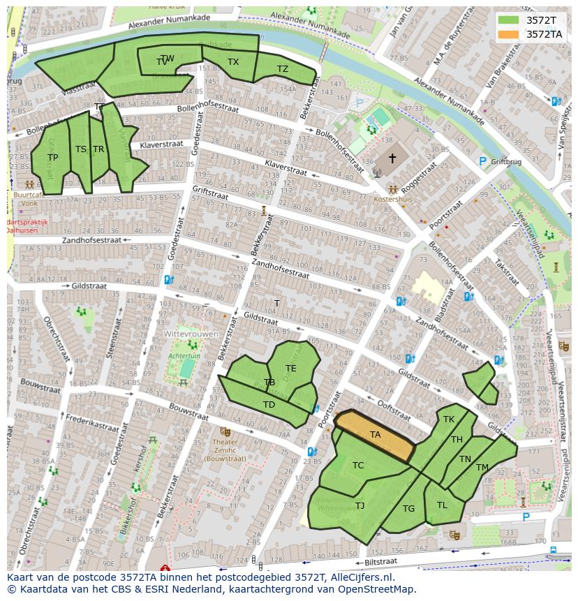 Afbeelding van het postcodegebied 3572 TA op de kaart.