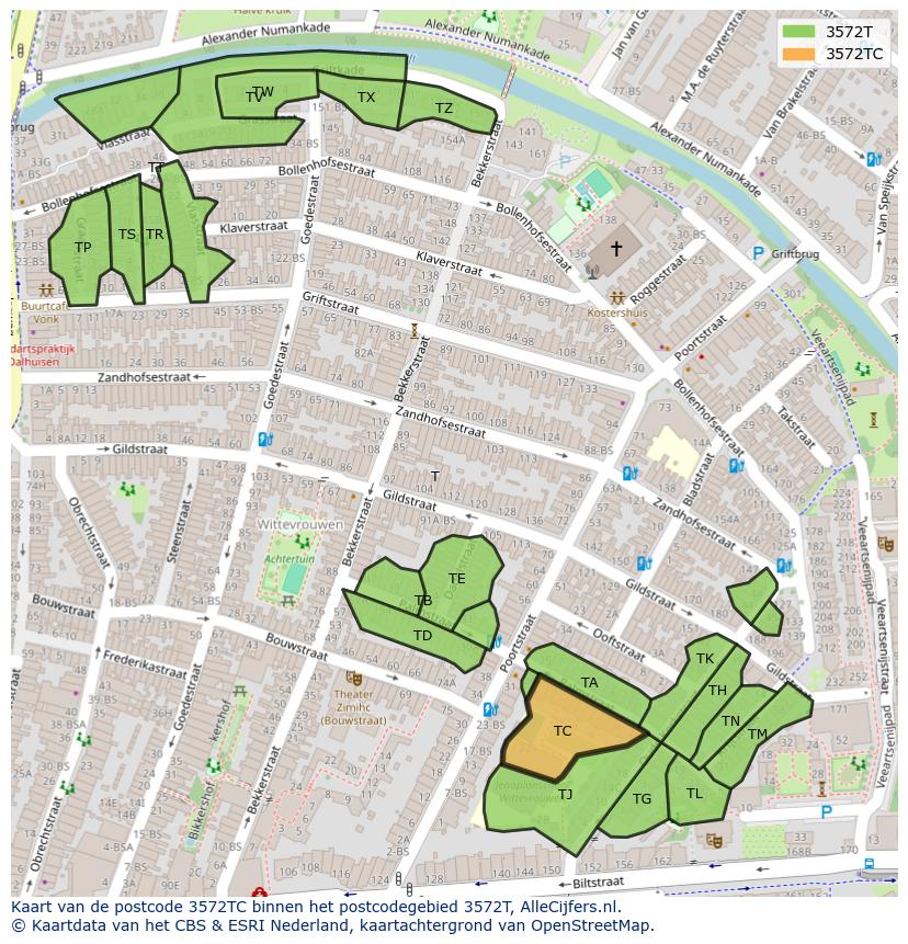 Afbeelding van het postcodegebied 3572 TC op de kaart.