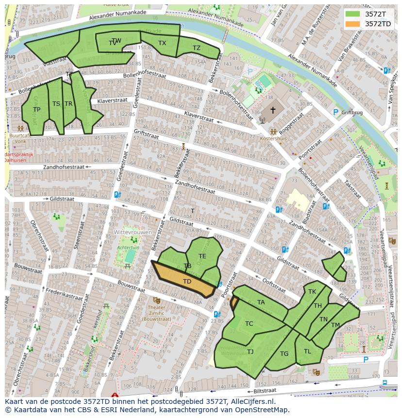 Afbeelding van het postcodegebied 3572 TD op de kaart.