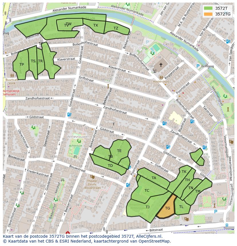 Afbeelding van het postcodegebied 3572 TG op de kaart.