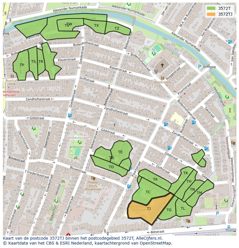 Afbeelding van het postcodegebied 3572 TJ op de kaart.