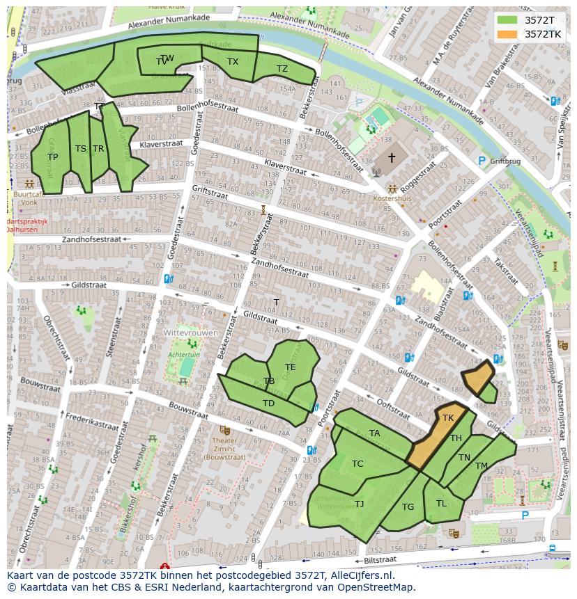 Afbeelding van het postcodegebied 3572 TK op de kaart.