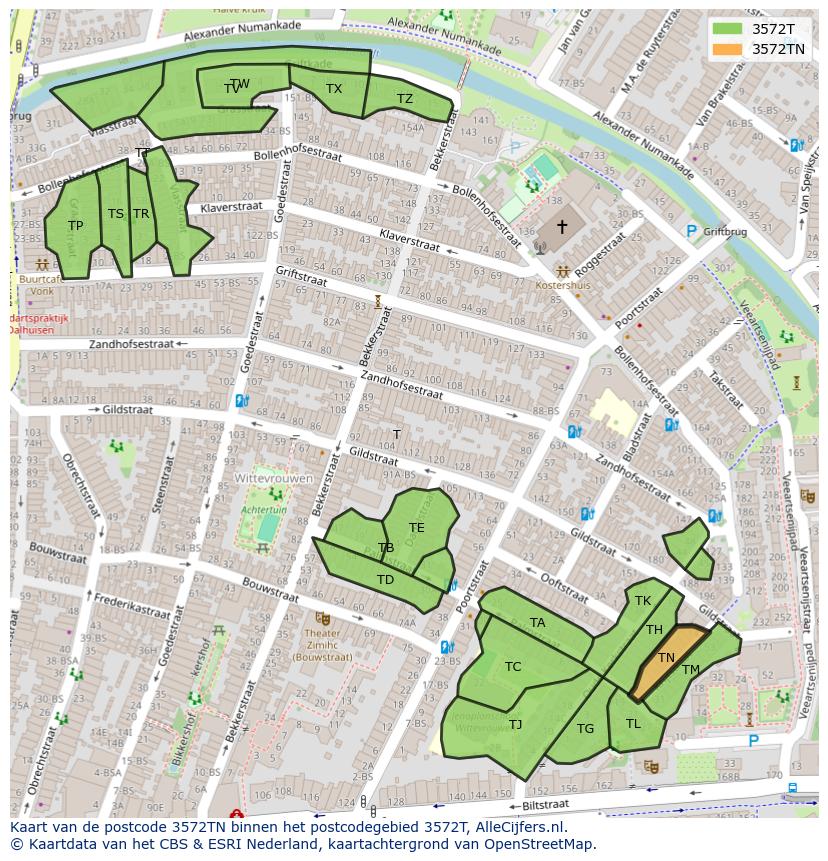 Afbeelding van het postcodegebied 3572 TN op de kaart.