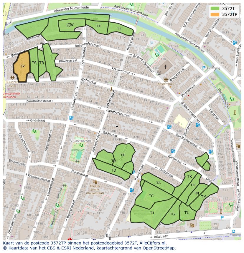 Afbeelding van het postcodegebied 3572 TP op de kaart.