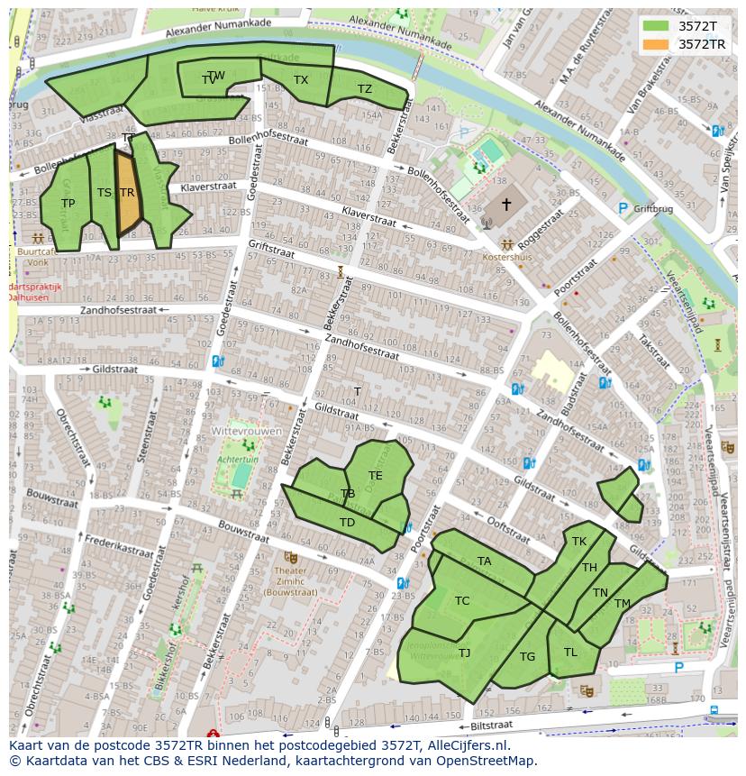 Afbeelding van het postcodegebied 3572 TR op de kaart.