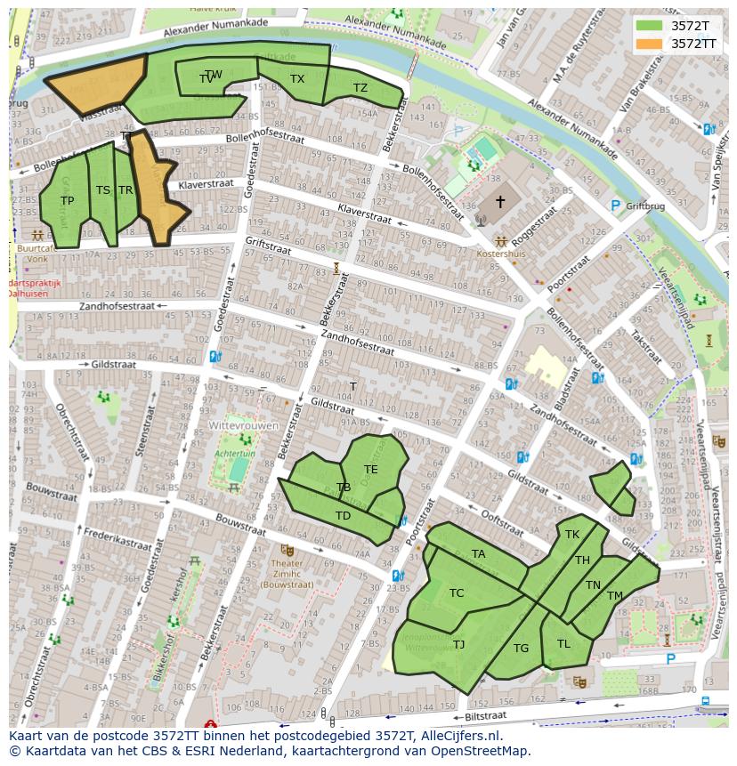 Afbeelding van het postcodegebied 3572 TT op de kaart.