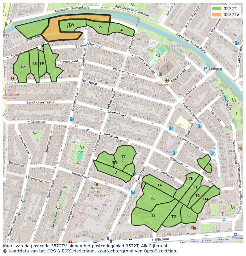 Afbeelding van het postcodegebied 3572 TV op de kaart.