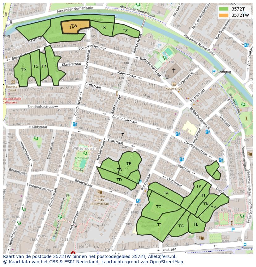Afbeelding van het postcodegebied 3572 TW op de kaart.