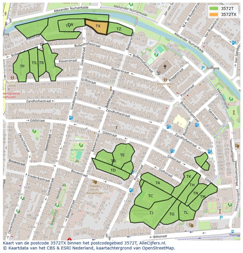 Afbeelding van het postcodegebied 3572 TX op de kaart.