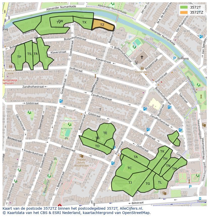 Afbeelding van het postcodegebied 3572 TZ op de kaart.
