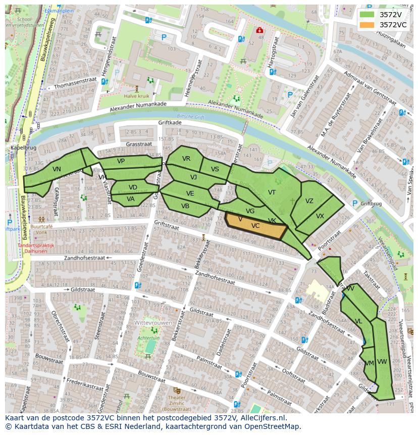 Afbeelding van het postcodegebied 3572 VC op de kaart.