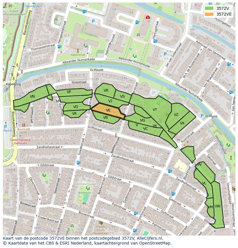 Afbeelding van het postcodegebied 3572 VE op de kaart.