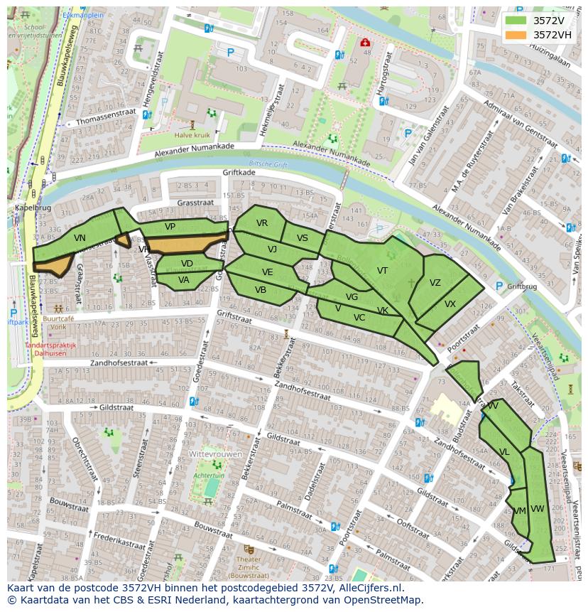 Afbeelding van het postcodegebied 3572 VH op de kaart.