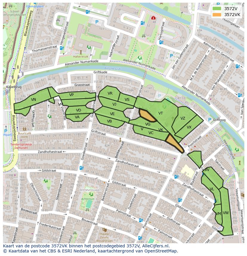 Afbeelding van het postcodegebied 3572 VK op de kaart.