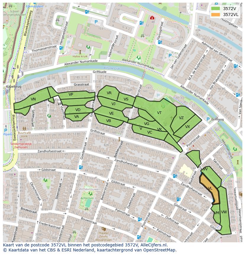 Afbeelding van het postcodegebied 3572 VL op de kaart.