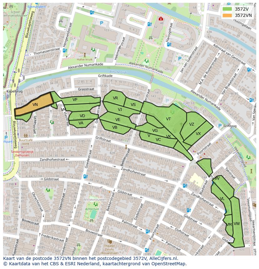 Afbeelding van het postcodegebied 3572 VN op de kaart.