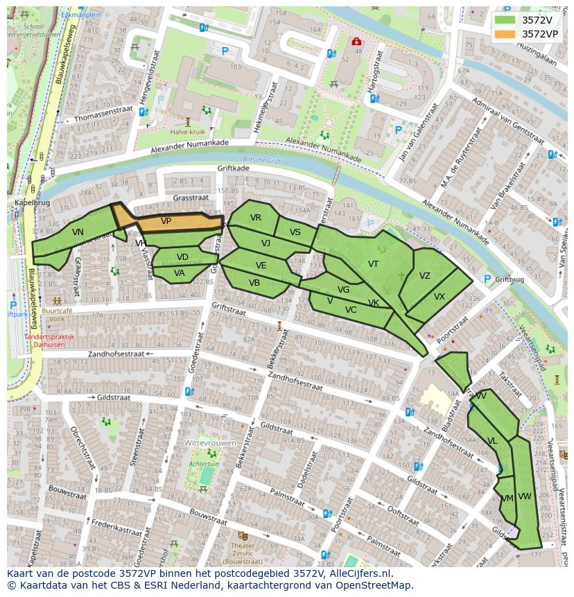 Afbeelding van het postcodegebied 3572 VP op de kaart.