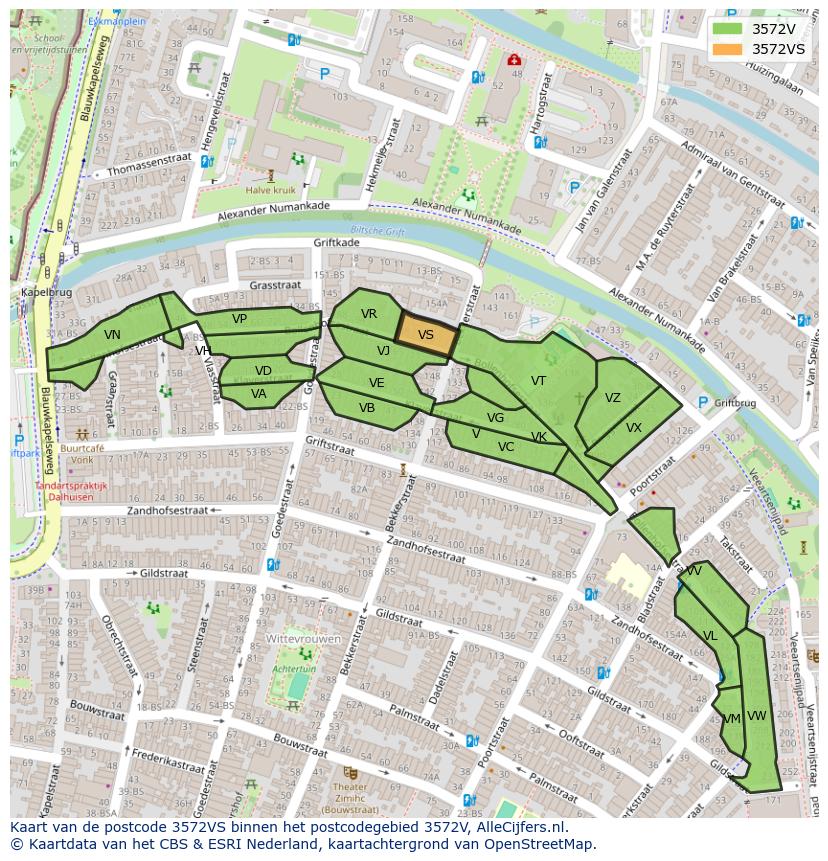 Afbeelding van het postcodegebied 3572 VS op de kaart.