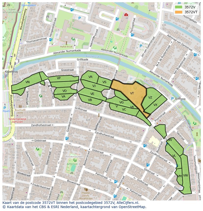 Afbeelding van het postcodegebied 3572 VT op de kaart.