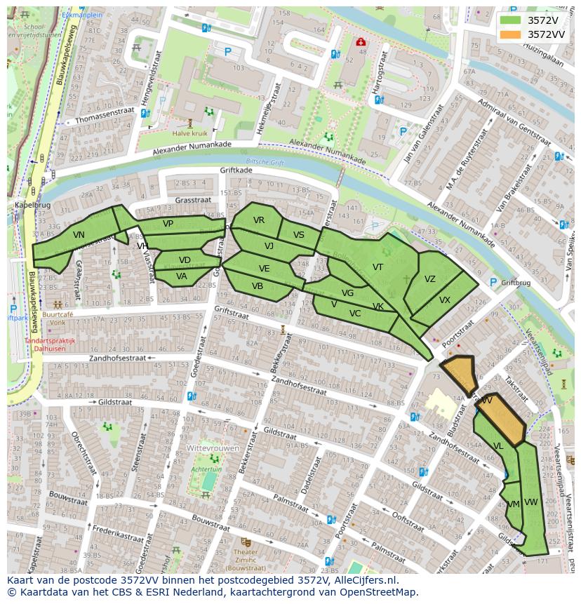 Afbeelding van het postcodegebied 3572 VV op de kaart.