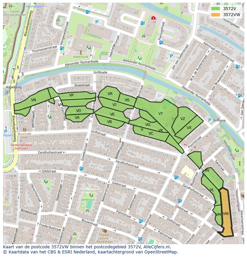 Afbeelding van het postcodegebied 3572 VW op de kaart.