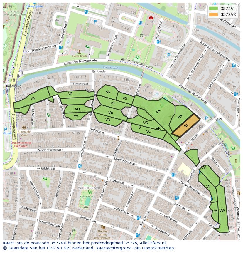 Afbeelding van het postcodegebied 3572 VX op de kaart.