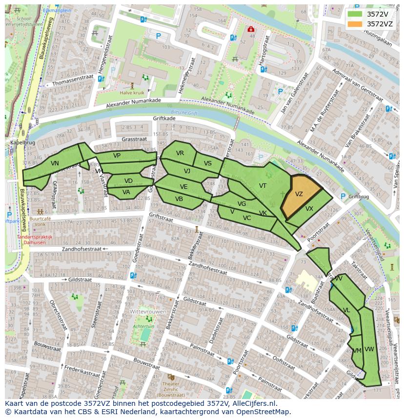Afbeelding van het postcodegebied 3572 VZ op de kaart.