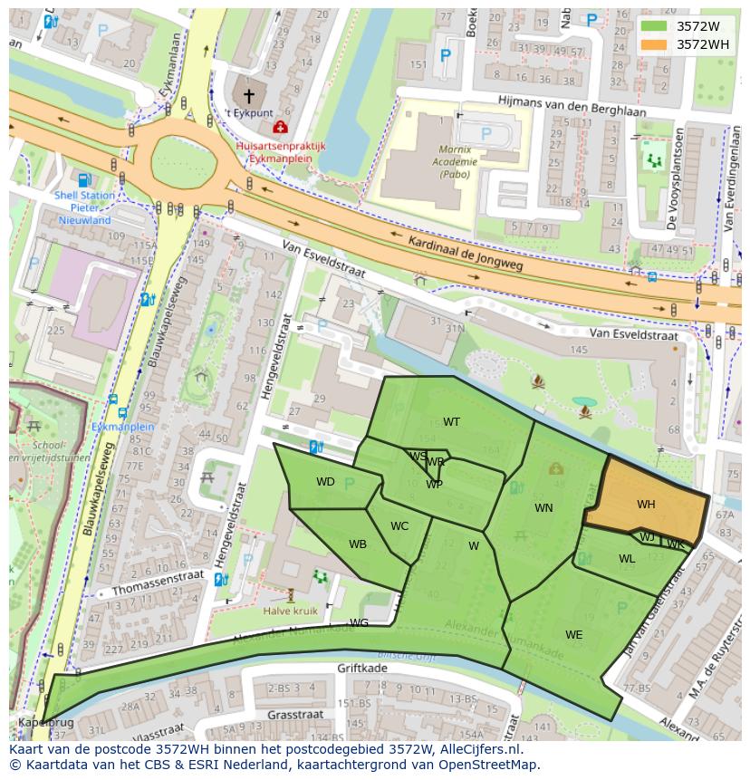 Afbeelding van het postcodegebied 3572 WH op de kaart.