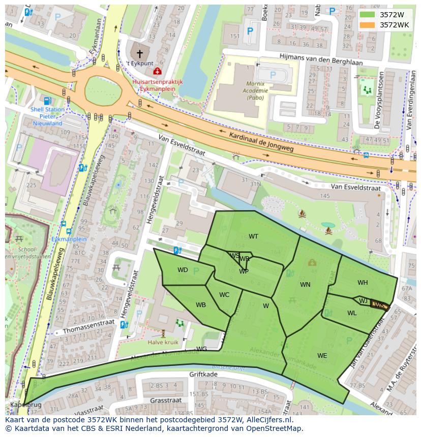 Afbeelding van het postcodegebied 3572 WK op de kaart.