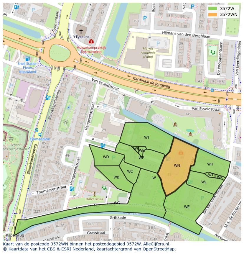 Afbeelding van het postcodegebied 3572 WN op de kaart.